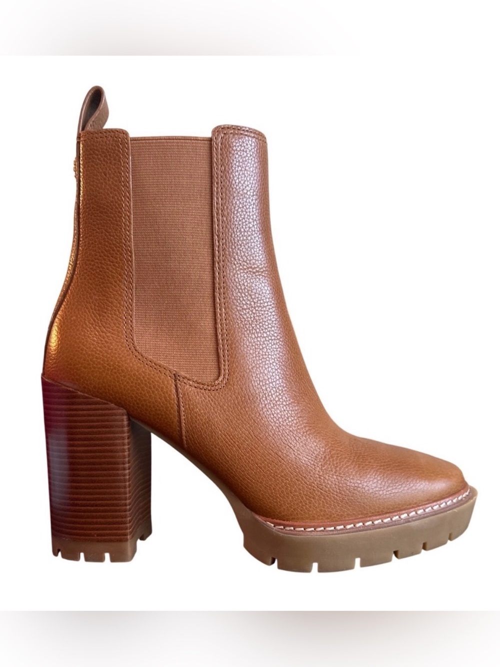 Tory Burch Carson Lug 70mm Chelsea Booties Toasted Caramel Leather Size 9